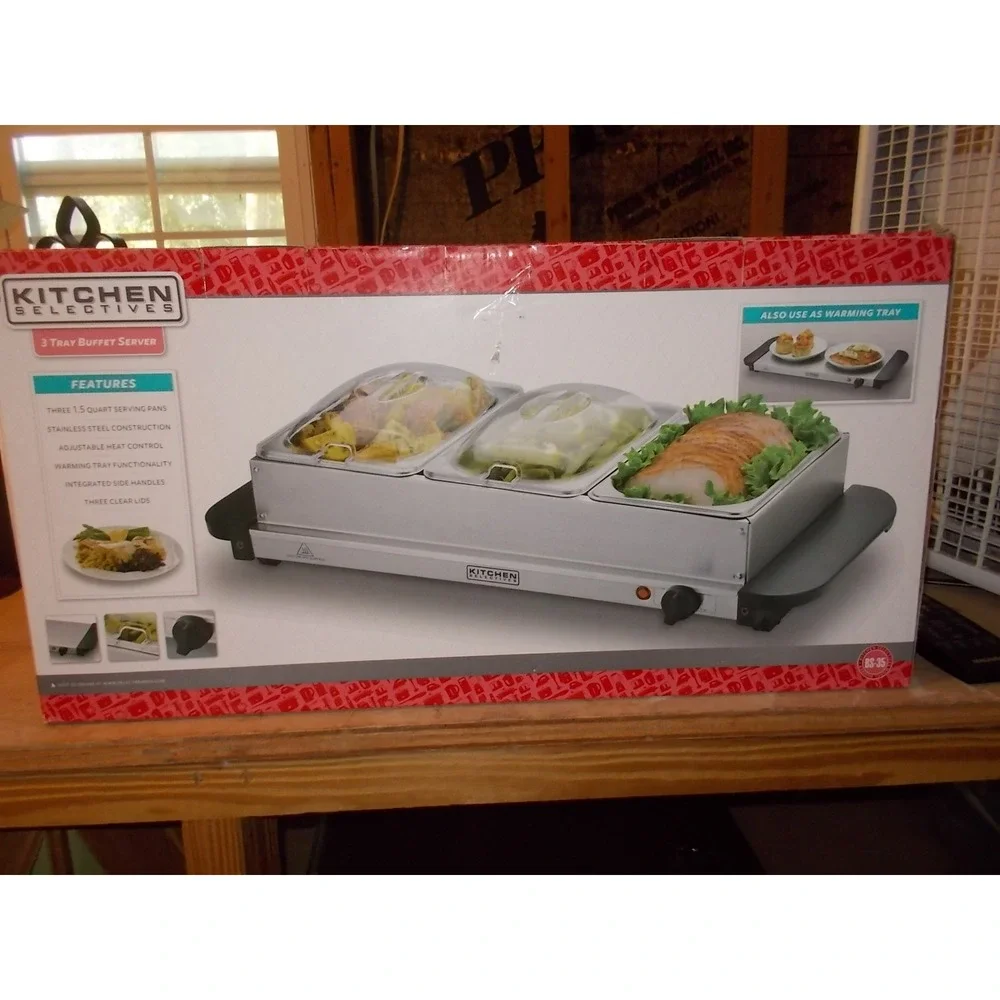 Kitchen Selectives 3 Tray Buffet Server Stainless Steel Warming Tray BS-35 NEW